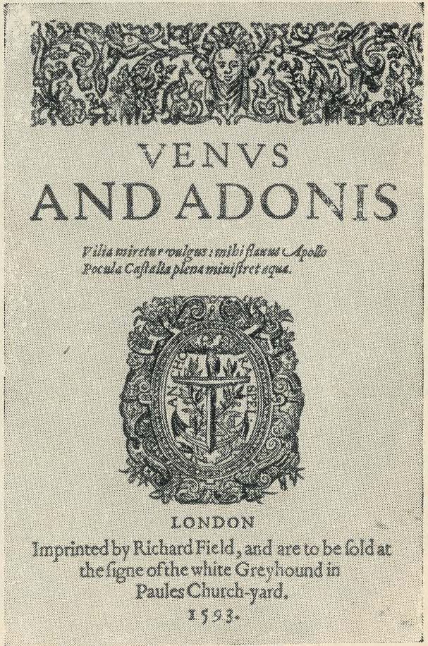 Первое издание поэмы «Венера и Адонис». 1593. В низу титульного листа помечено, что книгу издал земляк Шекспира печатник Ричард Филд