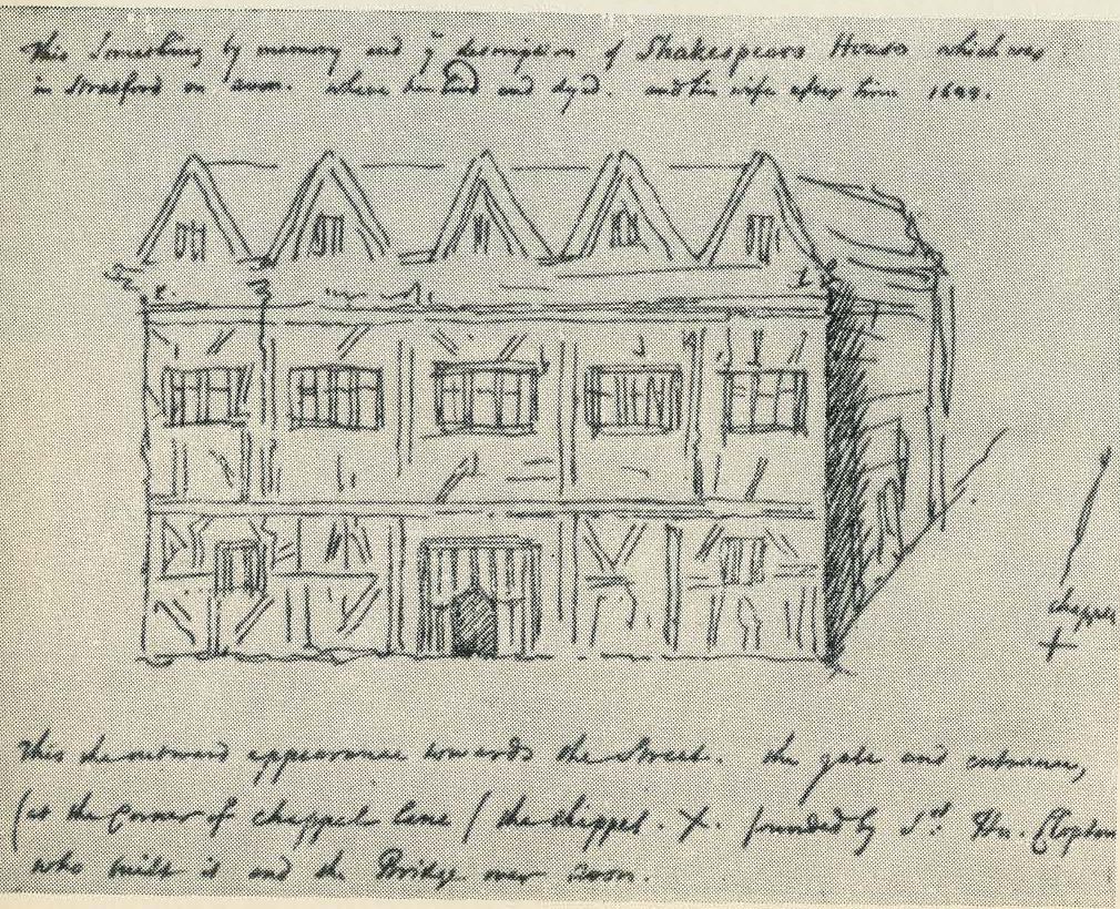 «Новое Место» (New Place) — один из самых больших каменных домов в Стратфорде, принадлежавший Шекспиру. Зарисовка сделана в 1629 году. Здание не сохранилось