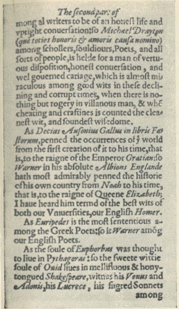 «Сокровищница ума» Франсиса Мереза. 1598 Первый отзыв, в котором Шекспир — поэт и драматург признан классиком, равным великим писателям античности Овидию, Сенеке и Плавту