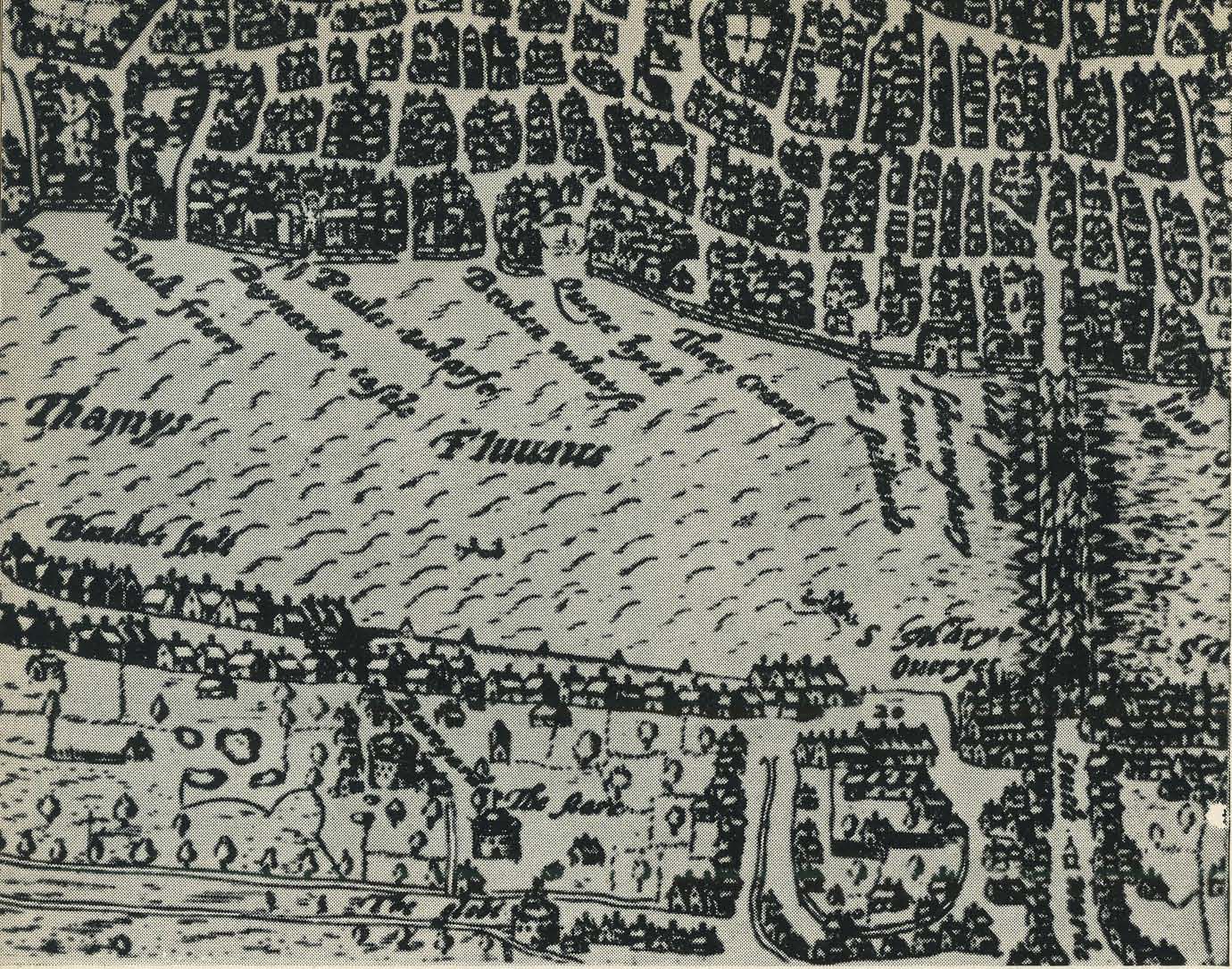 Карта Лондона в начале XVII века. Внизу видно здание театра «Глобус». Немного выше — театр, принадлежавший Хенсло и Аллену