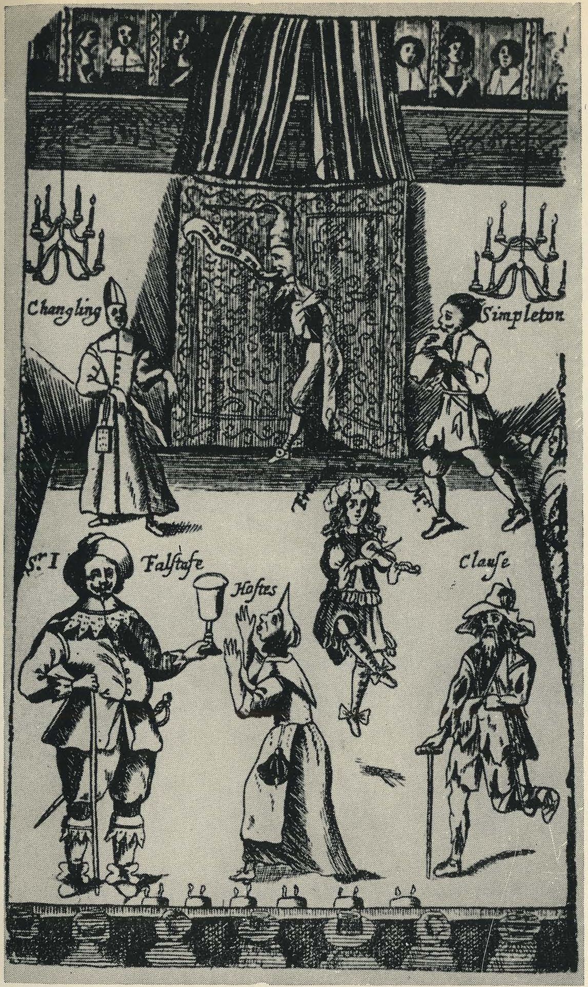 Старинная гравюра с изображением театра XVII века. На переднем плане — персонажи Шекспира — Фальстаф и г-жа Куикли