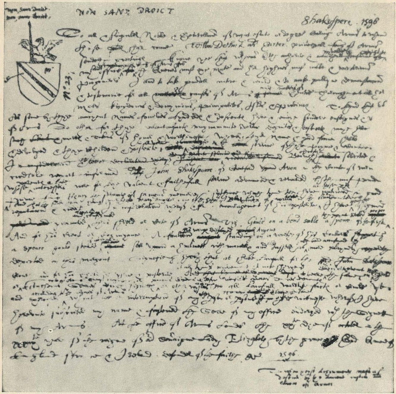Документ о присвоении отцу Шекспира низшего дворянского звания. В верхнем левом углу — герб Шекспира