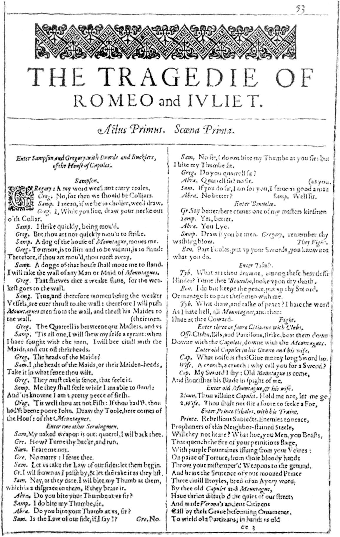 Первая страница текста трагедии У. Шекспира «Ромео и Джульетта». Лист из Фолио-1623 г.