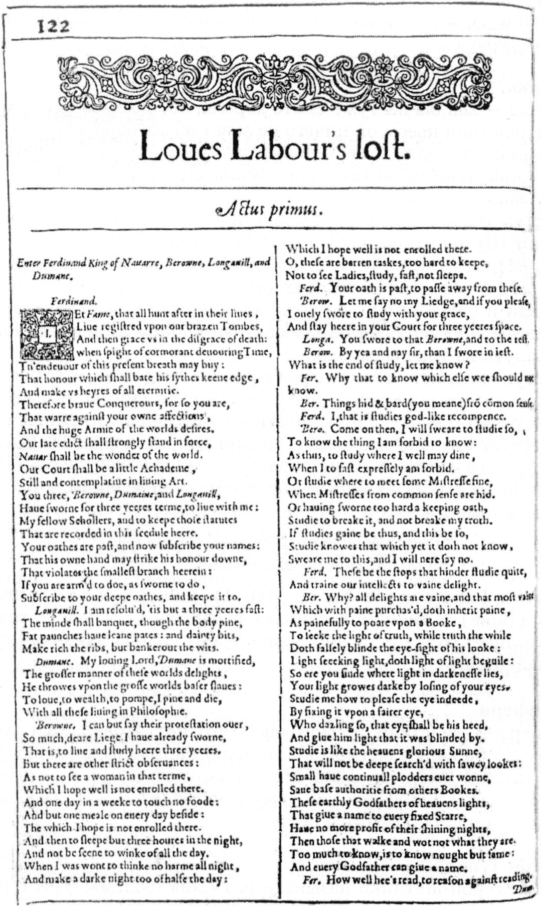 Первая страница текста комедии У. Шекспира «Бесплодные усилия любви». Лист из Фолио-1623 г.