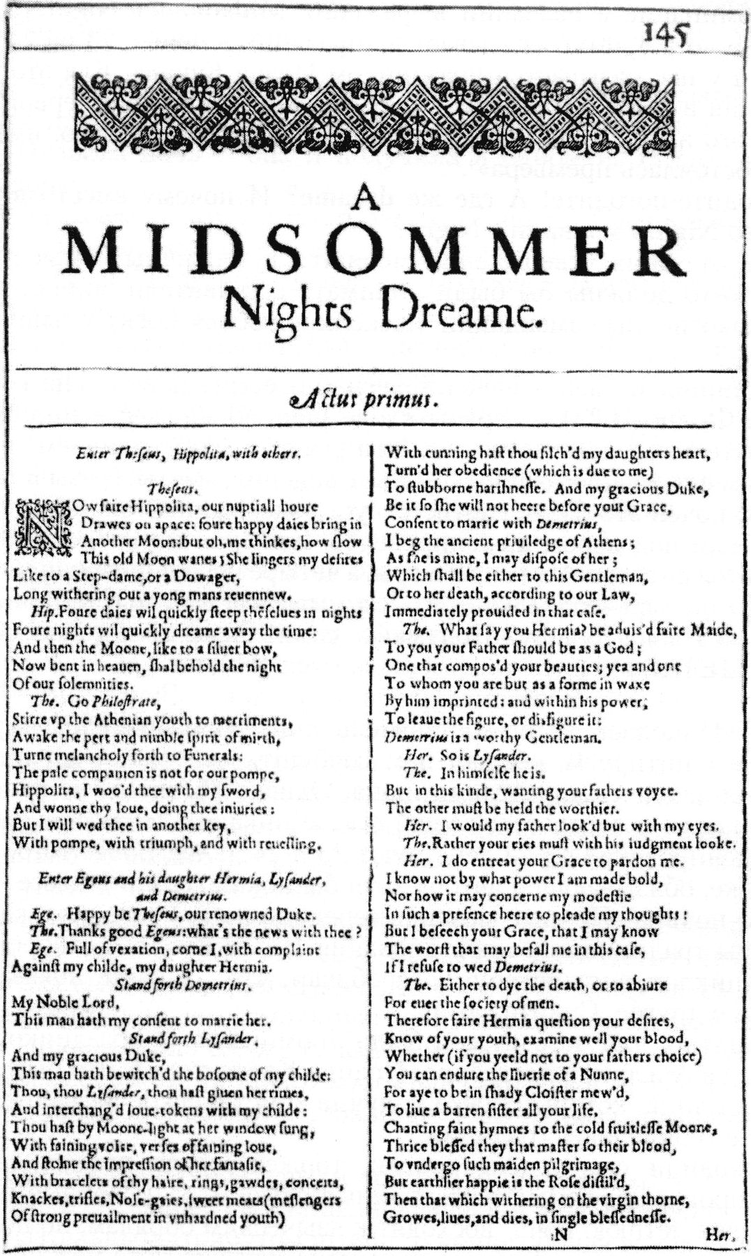 Первая страница текста комедии У. Шекспира «Сон в летнюю ночь». Лист из Фолио-1623 г.