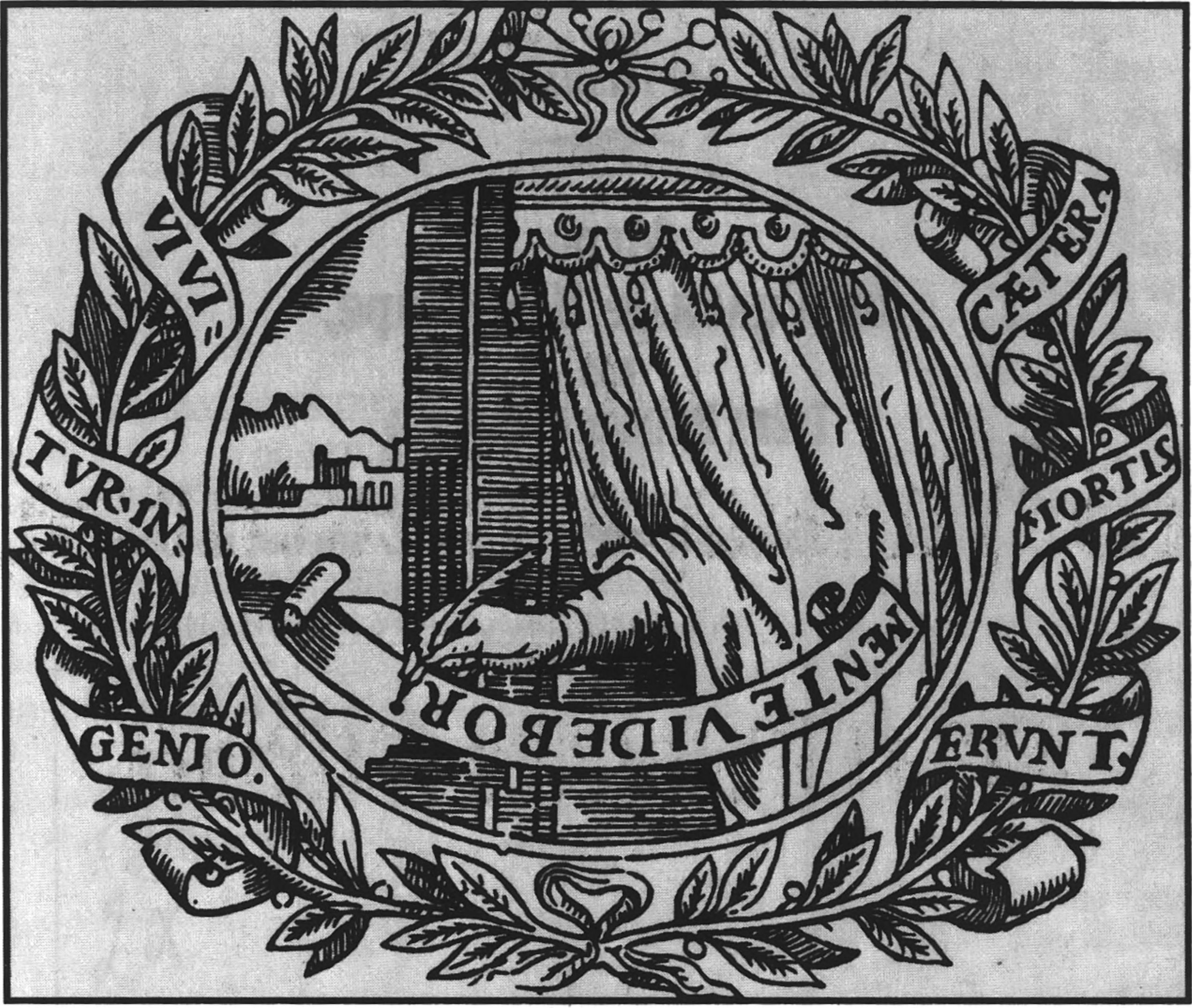 Писатель, скрывающийся за занавесом. Гравюра из книги Г. Пичема 1612 г. На лавровом венке надпись на латыни: 'Сотворенное человеческим гением будет продолжать жить в умах людей. Остальное же пусть умрет'