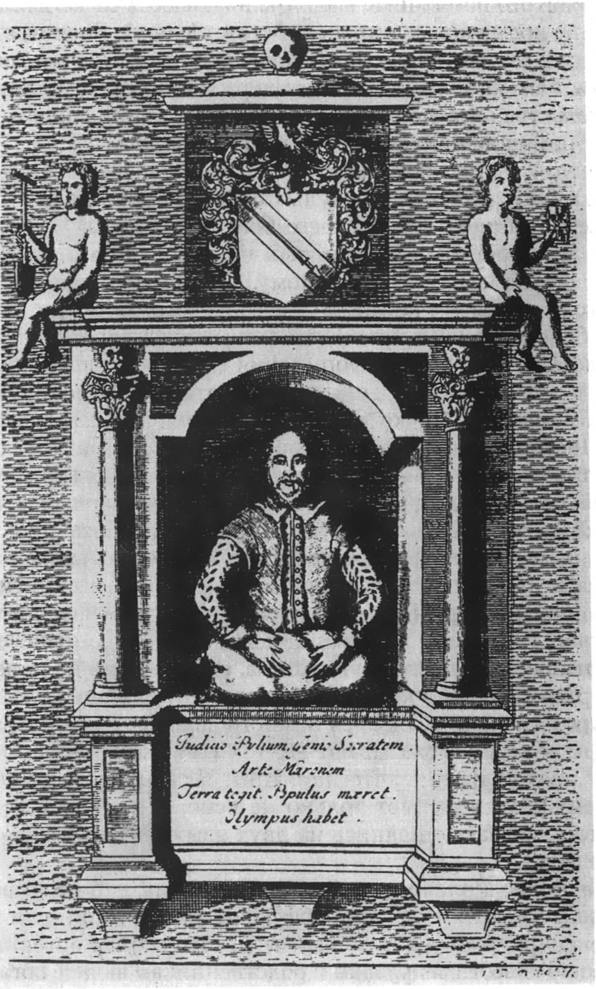 Стратфордский бюст Шекспира по Н. Роу. 1709 г. Нет ни пера, ни бумаги. На капителях колонн — головы леопардов