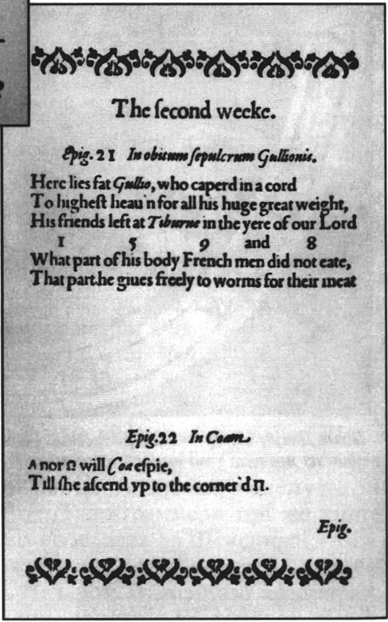 Страницы из «Эпиграмм» Уивера (1599 г.) с именами Рэтленда, Галлио, Шекспира, Марстона, Джонсона