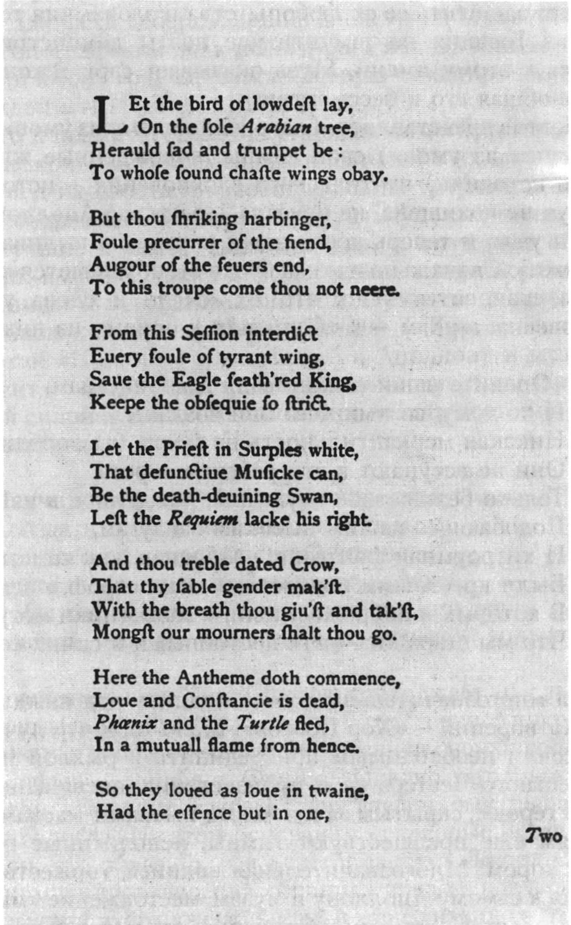 Первые две страницы шекспировской поэмы о Голубе и Феникс в честеровском сборнике. Заголовок отсутствует