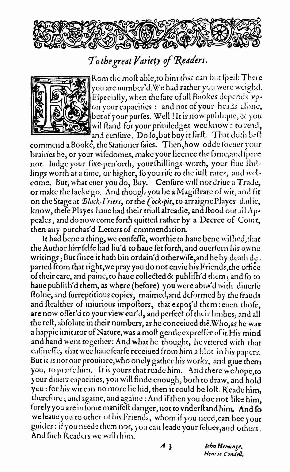 Обращение редакторов фолио 1623 г. Джона Хеминга и Генри Кондела к читателям
