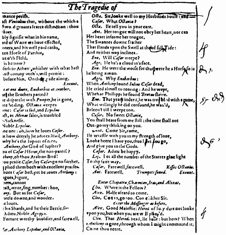 Корректура «Антония и Клеопатры», случайно вплетенная в один из экземпляров фолио 1623