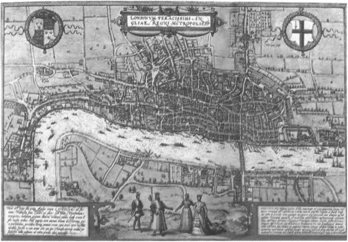 Район Лондона Саутверк с двумя аренами для травли и боев животных, на противоположном берегу — Тауэр. План Лондона. (Фрагмент.) 1572 г.