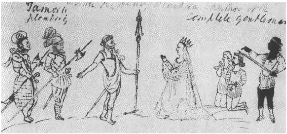 Сцена из шекспировскою «Тита Андроника», единственное подлинное свидетельство о сценографии спектакля и костюмах актеров. Рисунок пером. Около 1595 г.
