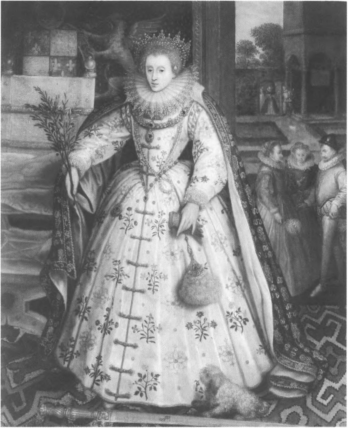 Королева Елизавета в Уонстеде в гостях у графа Лейстера. Попираемый меч и оливковая ветвь символизируют стремление королевы к миру, а собачка у ее ног — преданность Лейстера государыне. М. Гирертс Старший. Около 1585 г.