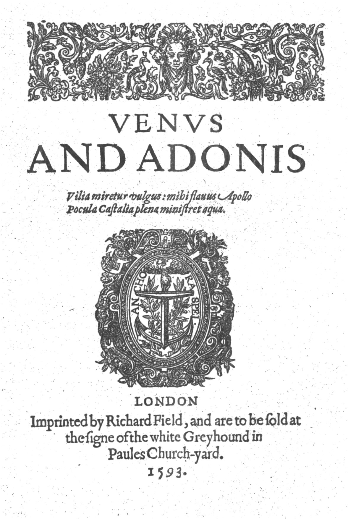 Заглавная страница первого издания «Венеры и Адониса»
