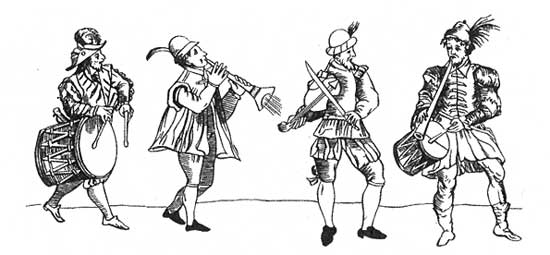 Музыканты, участвующие в спектакле. Гравюра, 1588 г.