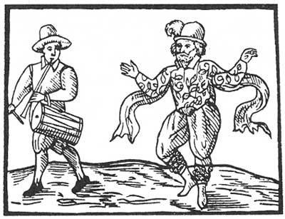 Уильям Кемп, главный комик и танцор в труппе Шекспира в 1590-е годы. Гравюра, 1600 г.