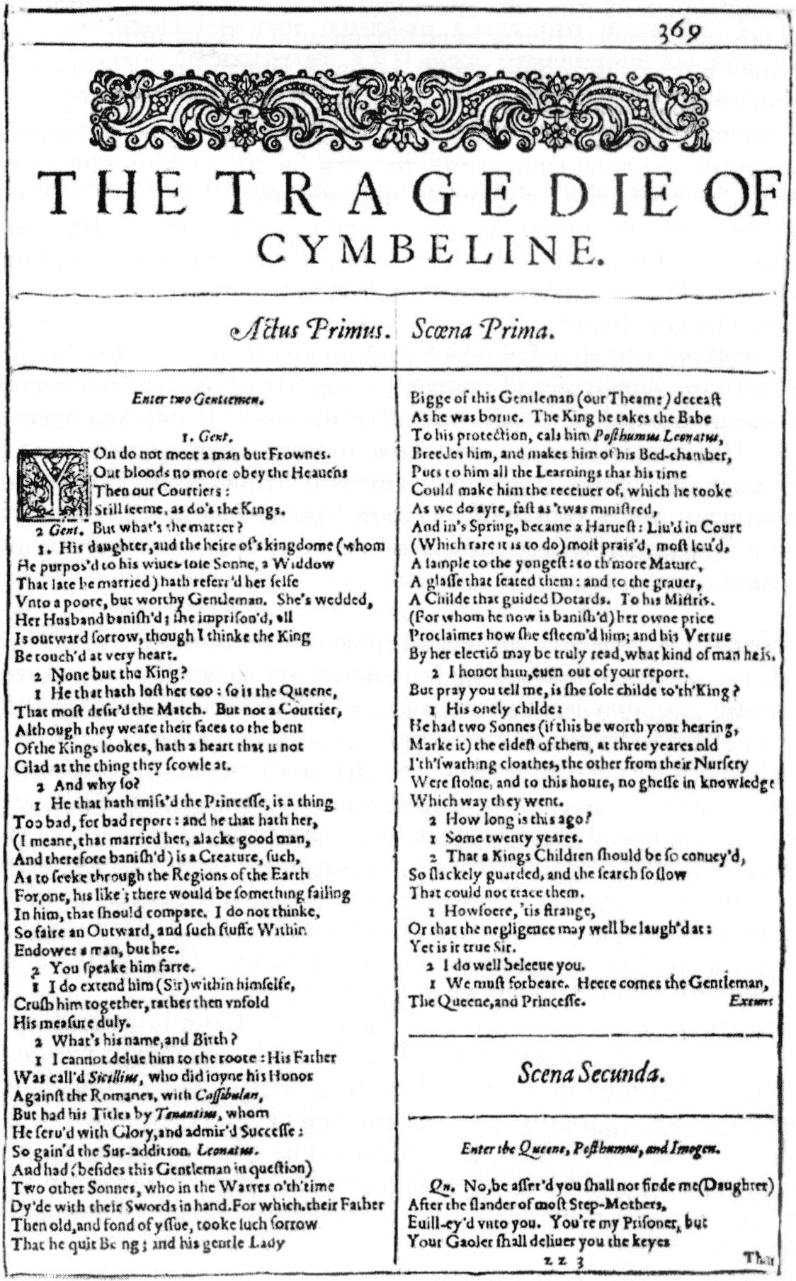Первая страница текста трагедии У. Шекспира «Цимбелин». Лист из Фолио-1623 г.