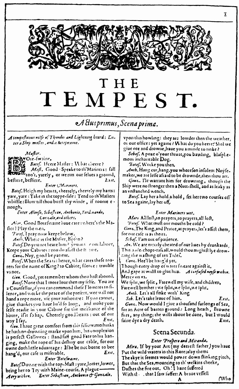 Первая страница текста фолио 1623. Начало пьесы «Буря»