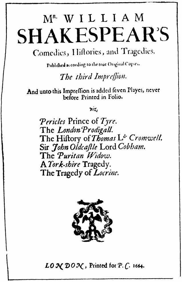 Титульный лист фолио 1664 г. с перечнем включенных в него дополнительно пьес, приписанных Шекспиру