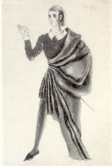 «Гамлет». Гамлет, эскиз костюма, художник В. Рындин. Театр им. В. Маяковского Москва, 1954