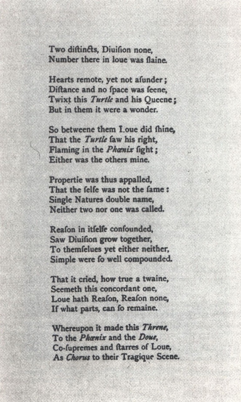 Поэма «Голубь и Феникс» из сборника Роберта Честера «Жертва любви». Заголовок отсутствует
