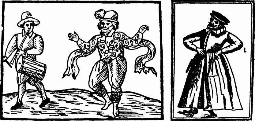 Слева: Уильям Кемп, комик, ушел из труппы Шекспира обиженным и, чтобы взять реванш, танцевал от Лондона до Нориджа. Его заменил более тонкий комик, Роберт Армин (справа)