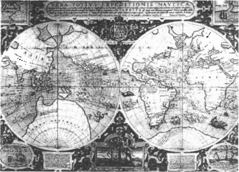 Очень современно выглядит карта мира Хондиуса, испещренная маршрутами Дрейка и Кавендиша; она лишний раз доказывает, что кругосветное путешествие зависело не столько от судьбы, сколько от замечательной суммы знаний