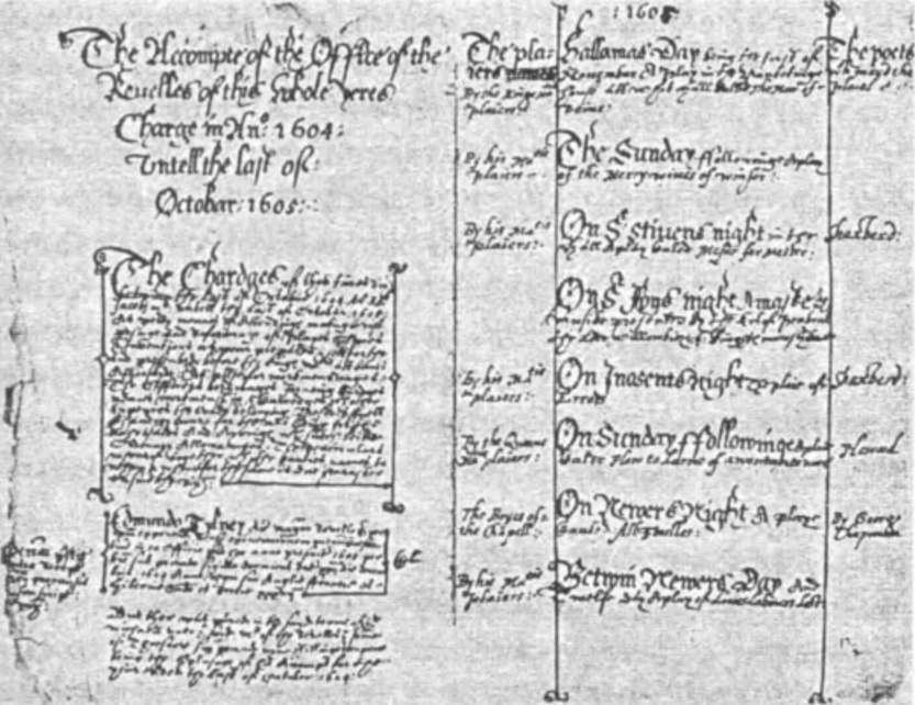 Из отчета распорядителя празднеств 1604—1605 гг. мы узнаем, что сочинитель пьес «Шаксберд» был представлен при дворе семью пьесами, заглавия пяти из них внесены в этот лист