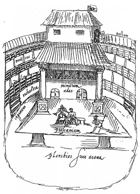 Театр времен Шекспира. Этот драгоценный при всей своей примитивности рисунок (находится в библиотеке Лейденского университета) принадлежит голландцу Иоанну Девиту, посетившему Лондон в 1596 г. Он ярко выясняет главную особенность театра того времени: сцена находится посреди театра, поэтому немыслимы декорации. Актеры появляются из дверей задней части сцены. Над сценой возвышается балкон, откуда часто говорят действующие лица шекспировских пьес. Зрители помещается частью в ложах (sedilia), а большей частью вокруг сцены