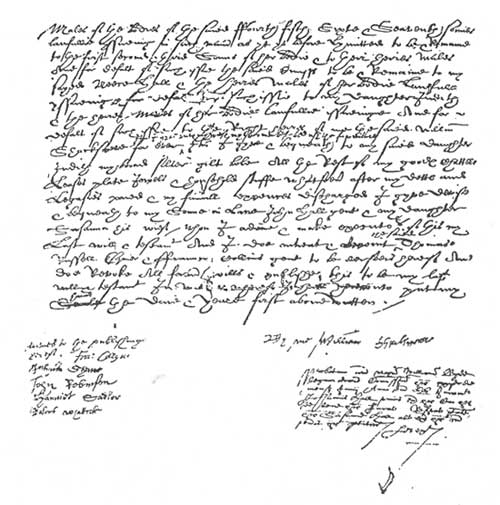 Три подписи на трех листах, сделанные позже рукой больного, две ранние на деловых документах и одна может быть также подлинная, на томе сочинений Монтеня — единственные автографы Шекспира.
