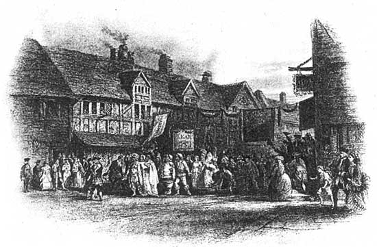 Празднование 200-летия юбилея Шекспира в 1764 году. Устроена знаменитым актером Гарриком процессия направляется к дому, где родился Шекспир